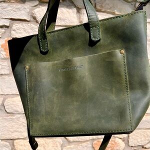 Brushed green mini zip crossbody tote bag Portland leather goods
